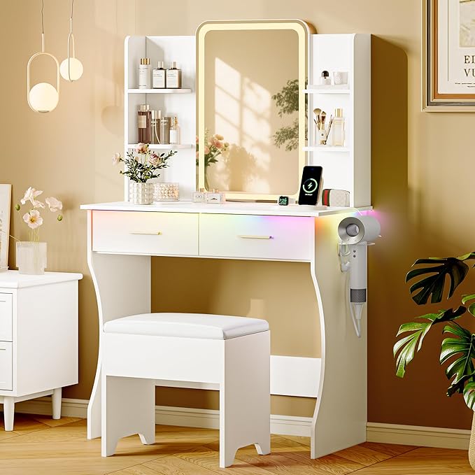 White Makeup Vanity Desk with Mirror and Lights, Small Vanity Table Set with Power Outlet, Dressing Table with 2 Drawer & 4 Storage Shelves, Adjustable RGB Lighting, Includes Chair for Girl’s Bedroom