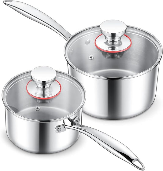 E-far Stainless Steel Saucepan Set - 1Qt & 2 Qt, Triply Sauce Pan Pot with Lid for Cooking Pasta Warming Milk Boiling Water, Small Metal Cookware for Kitchen, Induction Ready & Heavy Duty