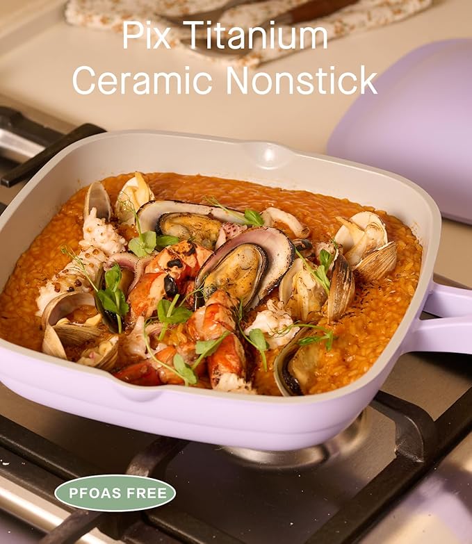 10.5 Inch(3.8QT) Ceramic Pan with Lid,Non Stick Frying Pans Cast Aluminum Deep Sauté Pans,Ti-Ceramic Non Toxic Pix Pan with Wooden Spatula and Scrubber-Dusk Petal