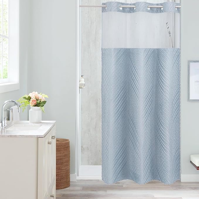 Fog Blue Boho Small Stall Shower Curtain 36 x 74, No Hook Half Size Narrow Modern Fabric Shower Curtain with Snap in Liner, Hotel Style with See Through Top Window