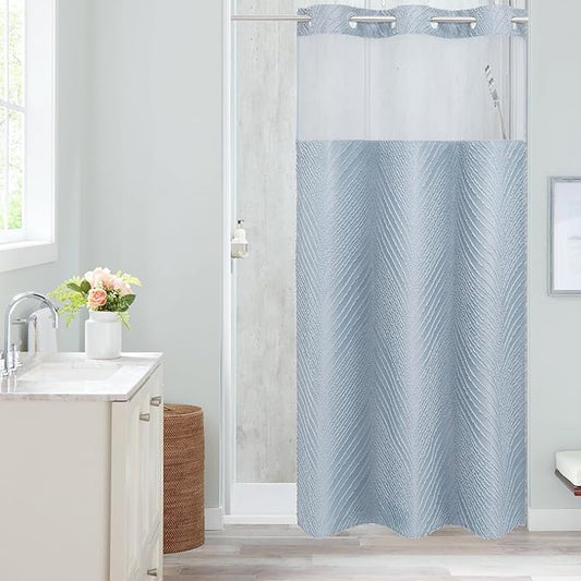 Fog Blue Boho Small Stall Shower Curtain 36 x 74, No Hook Half Size Narrow Modern Fabric Shower Curtain with Snap in Liner, Hotel Style with See Through Top Window