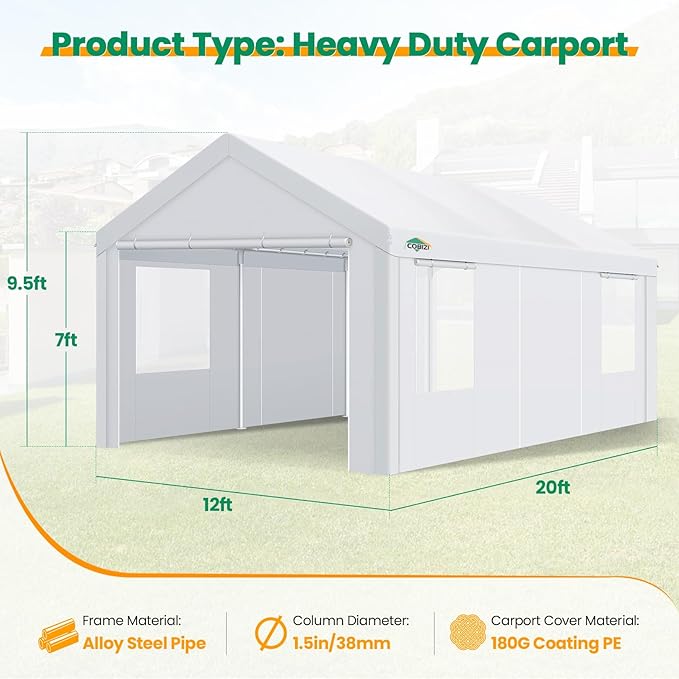 COBIZI Carport Canopy 12x20 Heavy Duty Portable Garage with Removable Sidewalls & Doors, Galvanized Frame Car Port Canopy Tent with Built-in Sandbags & All-Season Tarp for Car Boat Truck, White