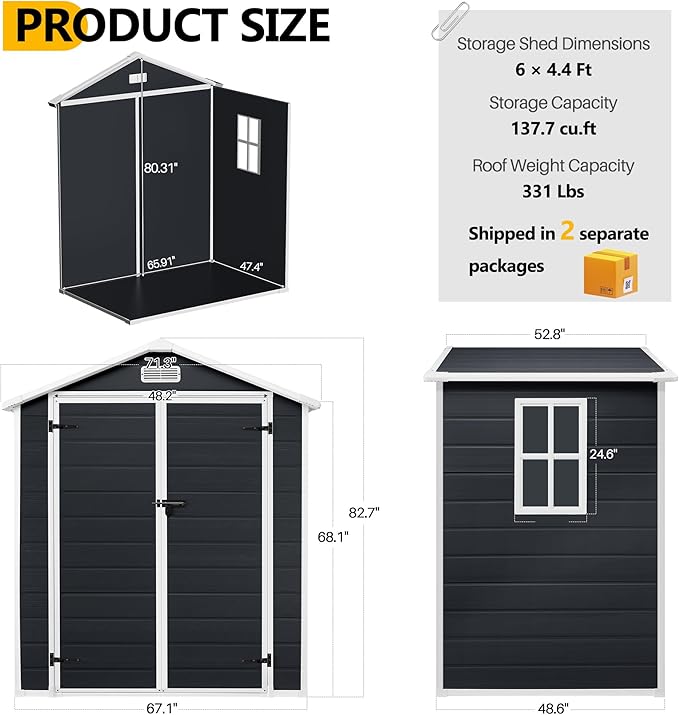 6*4.4 FT Resin Outdoor Storage Shed Plastic Shed with Floor, Reinforced Floor for Patio Furniture, Gardening Tools, Lawn Mower, Plastic Garden Shed with Lockable Door for Backyard (Charcoal)