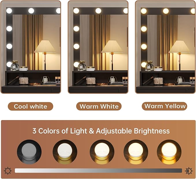 Tiptiper Large Makeup Vanity with Lights, Vanity Table with Charging Station Vanity Desk with Mirror and 10 LED Light Bulbs, Makeup Table with 5 Drawers, Nightstand and Storage Shelves, Black & Gold