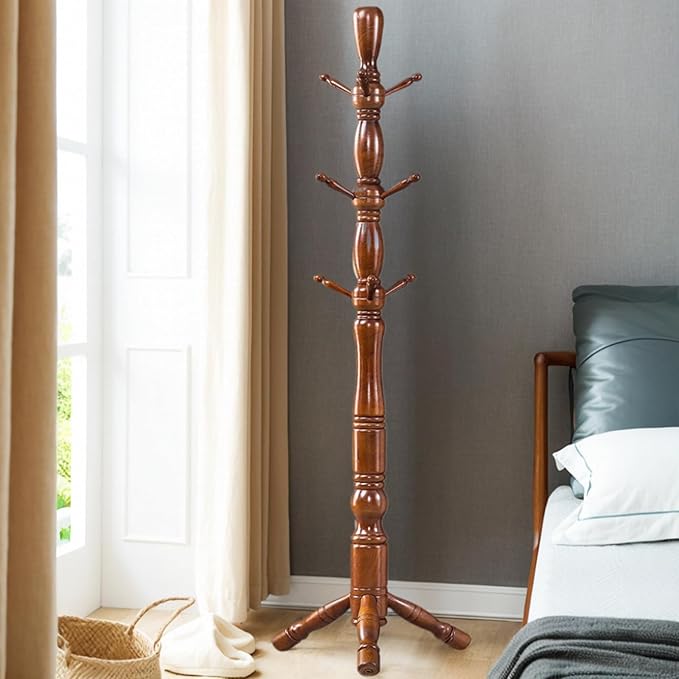 Wood Coat Rack Hall Tree, Stable Triangle Base Coat Tree with 3 Height Options and 9 Hooks, Vintage Coat Rack Freestanding for Hall Entryway, Bedroom and Home Office (Walnut)