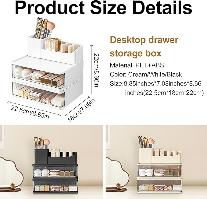 DASITON Makeup Organizer for Vanity with 2 Drawers, Stackable Cosmetic Organizer with Makeup Brush Holder, Plastic Bathroom Organizer Skincare Storage for Brushes, Eyeshadow, Lotions, Lipstick (White)