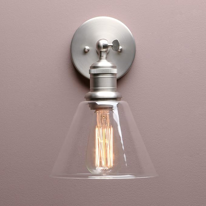 Yosoan Indoor Wall Sconce Fixture Light, 1-Light Modern Single Brass Vintage Industrial Hardwired with Funnel Flared Clear Glass Shade Lamp for Bathroom Sink Porch Kitchen Living Room(Brushed)