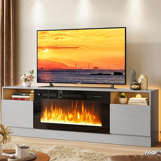 oneinmil 70” TV Stand with 36” Electric Fireplace, Large Modern Media Entertainment Center with Storage Cabinet and 12 Colors LED Lights for TVs Up to 80", Gray TV Stand and Black Fireplace
