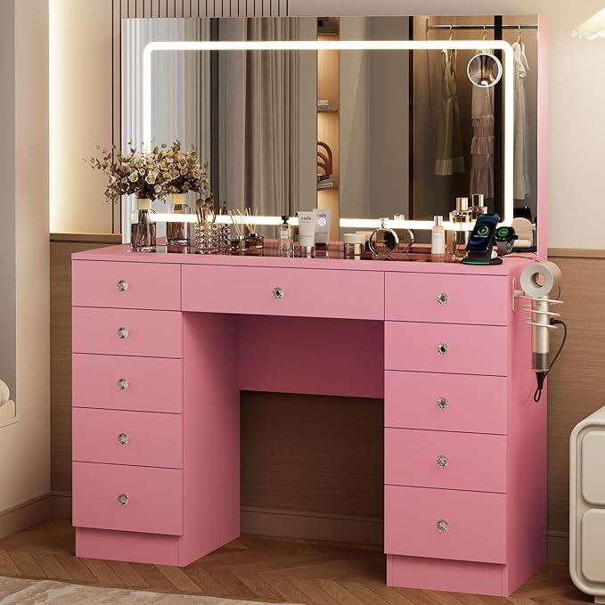 Vanity Desk with Mirror and Lights, 11 Drawers Makeup Vanity Desk with Tempered Glass top, 3 Lighting Modes Adjustable Brightness, Pink Vanity with Magnetic 5X Magnifier for Bedroom