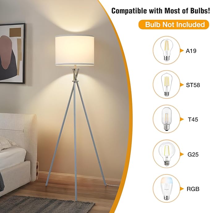 Tripod Floor Lamp Silver, 61”Tall Floor Lamps, Standing Lamp with Rotary Switch, Modern Floor Lamp Simple Design with White Shade, Floor Lamps for Living Room, Bedroom, Office, Without Bulb