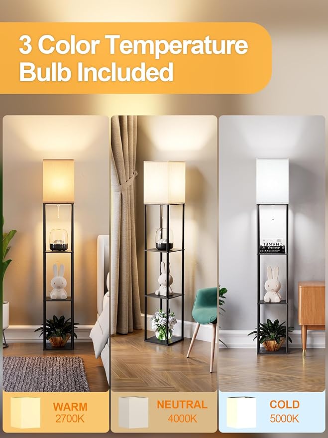 Floor Lamp with Shelves for Living Room 2 Pack, Shelf Floor Lamp with 3 CCT LED Bulb, Corner Display Standing Column Lamp Etagere Organizer Tower Nightstand with White Linen Shade for Bedroom, Office