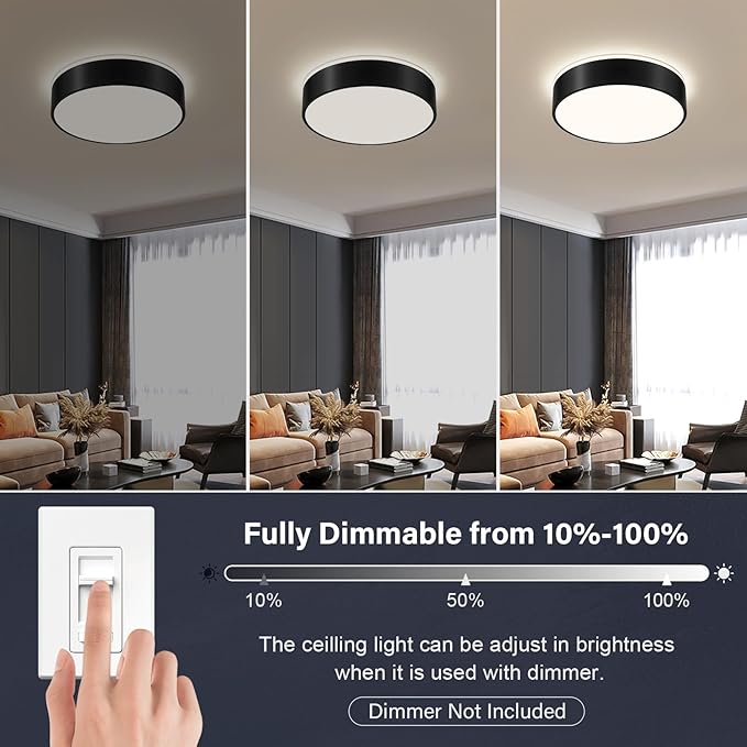 Dimmable Black LED Large Flush Mount Ceiling Light, 5CCT 2700K-6000K Ceiling Light Fixture,Modern Minimalist Round Metal Ceiling Lamp for Bedroom, Kitchen, Living Room 36W- 15.7in