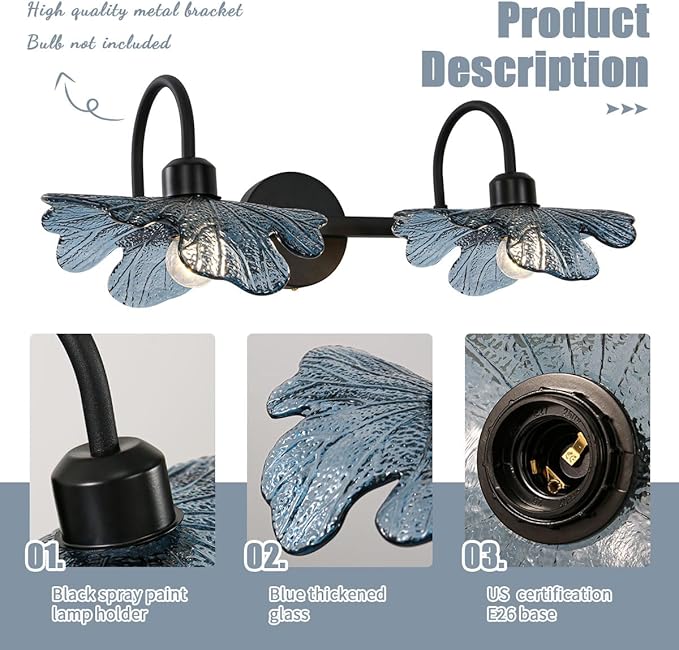 Bathroom Lights fixtures Matte Black Wall Sconce 2 Light Vanity Light Bathroom Wall Sconce Light Vintage Wall lamp Blue Glass Art Deco Vanity Lights Over Mirror for Bedroom Hallway Living Room