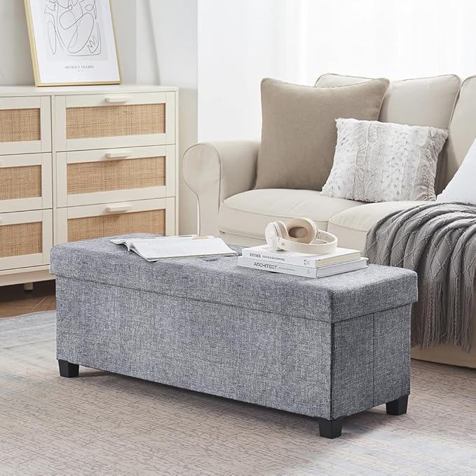 Ornavo Home 43 Inch Storage Ottoman, Large Storage Bench, Ottoman with Storage with Legs, Foot Rest Stool, Bedroom Bench - Gray