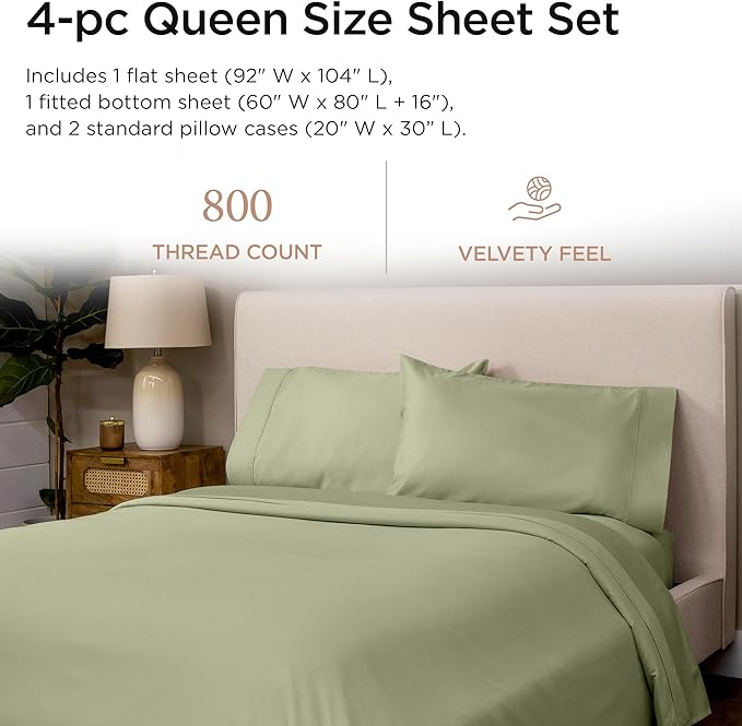 Threadmill Luxury 800 Thread Count Queen 100% Cotton Sheets - Sage Green Sateen Weave Bed-Sheets, Better Than Egyptian Cotton,4 Pc Solid Soft Bed Set, Fits 16" Deep Pocket