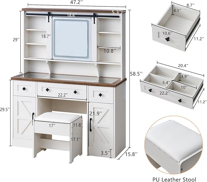 AMERLIFE 47.2" W Farmhouse Makeup Vanity Desk with Sliding Mirror, Vanity Set with Stool & Charging Station & 3 Brightness Lights, Glass Desktop, Ample Storage, Antique White