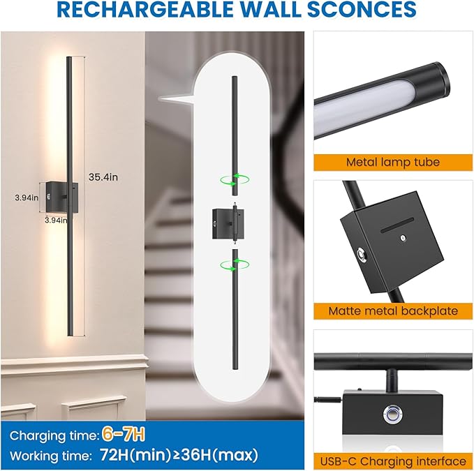 NIORSUN 35 Inch Battery Operated Wall Sconce Set of 2, 360° Rotation Black Rechargeable Wall Lights with Detachable Tube and Remote, 3CCT Dimmable Wireless Wall Lamp for Living Room Bedroom Hallway