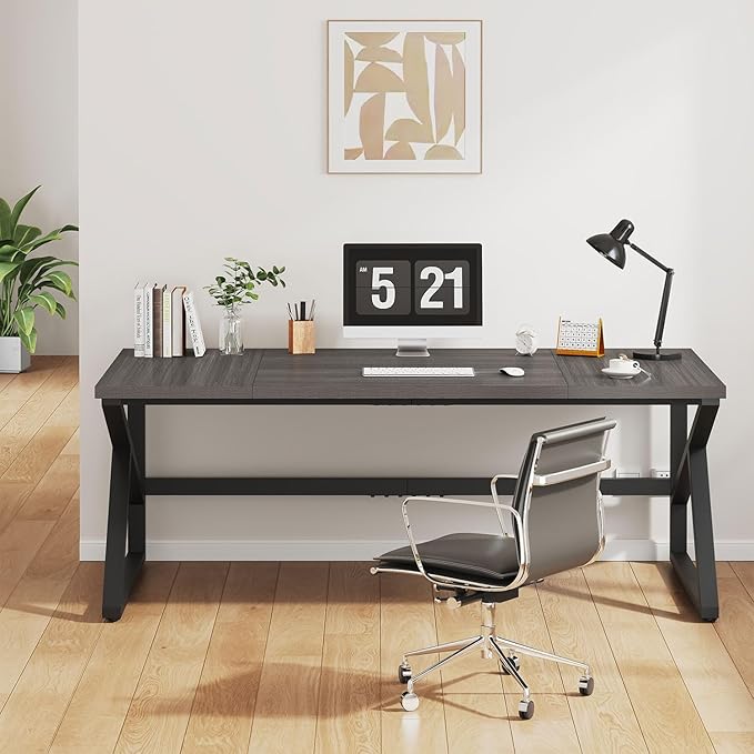 IBF Long Desks for Home Office, Large Metal Wooden Computer Desk for 2 Monitors, 70 Inch Two Person Desk for Executive Work Writing Study Gaming, Industrial Modern Big Double Desk, Dark Gray Oak