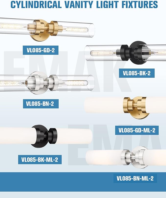 Emak Modern Brushed Nickel Bathroom Light Fixtures, 2-Light Vanity Lights for Mirror, 22 Inch Indoor Wall Sconces with Milk Glass Shade for Bathroom, Bedroom, Hallway, VL085-BN-ML-2