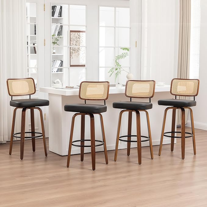 Swivel Counter Height Stools - 26 inch Counter Stools Set of 4 with Curved Rattan Back, Walnut Craftsmanship, Upholstered Seat, Counter Height Bar Stool for Island/Pub/Kitchen (26" Seat Height, Black)