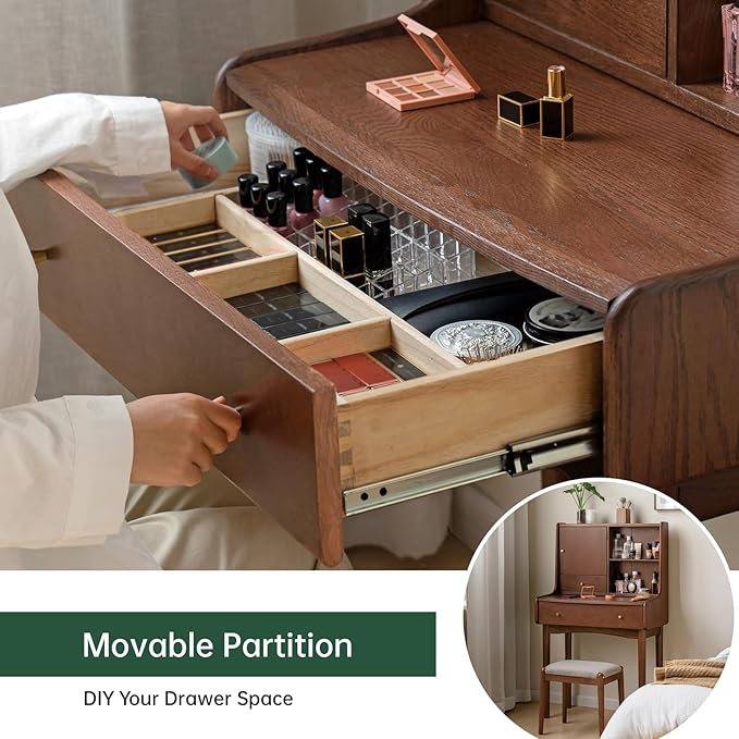 Small Vanity Desk with Mirror, Solid Wood Dressing Table, Movable Drawer Divider, Extendable Table Board for Bedroom, Walnut Color, 25" D x 16.5" W x 50" H