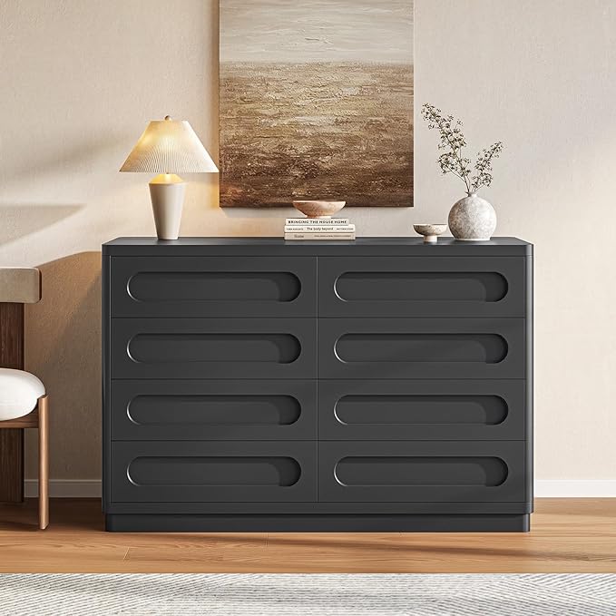 Black Dresser for Bedroom with 8 Drawers, 47.2" Wide Dresser for Closet with Deep Drawer, Large Wood TV Stand, Modern Chest of Drawers for Bedroom, Hallway