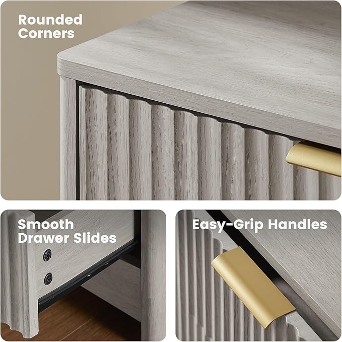 Amada Modern 8 Drawer Dresser, Fluted Wood Chest of Drawers with Rounded Corners, Pre-Installed Drawer Slides, Dresser TV Stand and Storage Organizer for Bedroom, Hallway, Gray