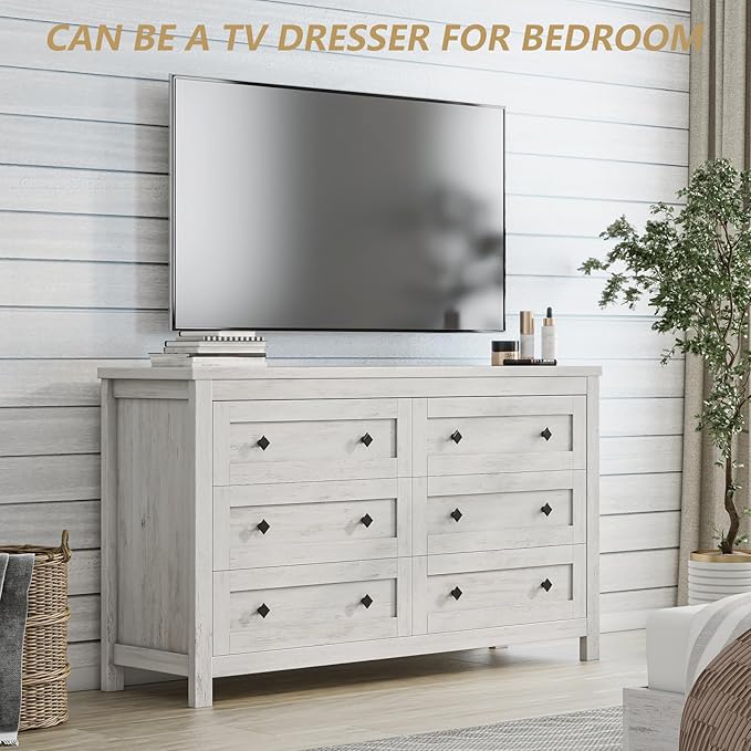 Farmhouse 6 Drawer Dresser, Wood Rustic Chest of Drawers for Bedroom, Closet Storage Dressers Organizer, 6 Drawers Chest for Living Room, Hallway, Rustic White