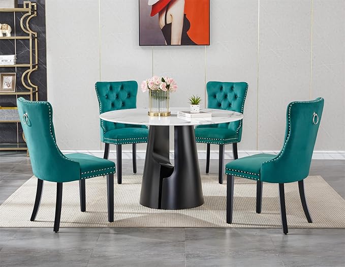 5-Piece Faux Marble Round Dining Table Set for 4, Modern Luxury Kitchen Table Set for 4 with Green Tufted Chairs,Circle Dining Tables with White Marble Grain Top and Black Pedestal Base