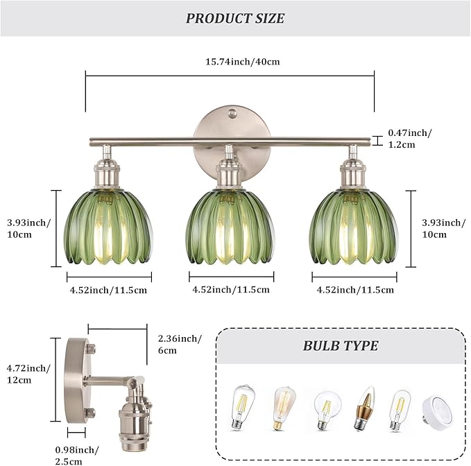 Bathroom Light Fixtures, 3-Light Vanity Wall Light Over Mirror with Green Tulip Glass Shade for Bedroom Living Room, Satin Nickel