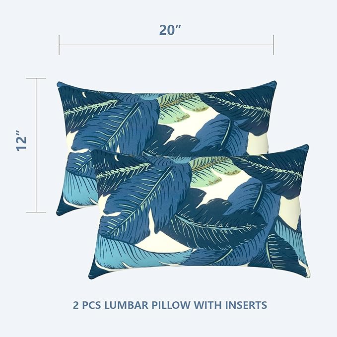 LVTXIII 12×20 Inch Outdoor Lumbar Pillows, Pack of 2 Water Repellent Lumbar Pillow with Inserts, Fluffy Decorative Garden Lumbar Cushions for Home Patio Coach Sofa Use, Swaying Palms Blue