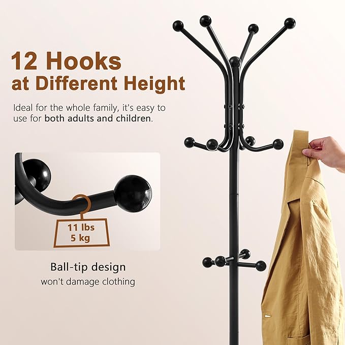 Hoctieon Coat Rack Freestanding, Coat Tree with Umbrella Holder, Metal Coat Rack Stand with 12 Hooks, Standing Coat Hanger Stand, Umbrella Stand for Entryway, Hat Rack Stand for Home Office, Black