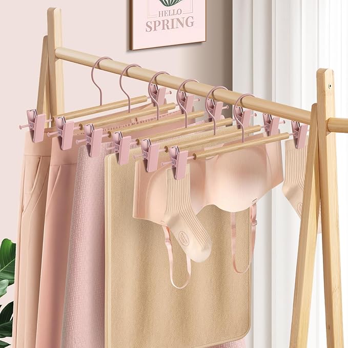 Wooden Pants Hangers with Clips 20 Pack Adjustable Wood Skirt Hangers for Women&Men Space Saving Closet Non Slip Clothes Hanger for Jeans,Trousers,Short,12Inch Pink