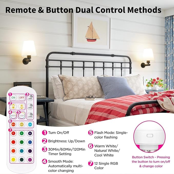 Battery Operated Wall Sconce Set of Two, Black Wireless Sconces Wall Lighting with Fabric, Battery Sconces Wall Decor with Remote Control, Dimmable Wall Light for Bedroom Living Room, Bulb Included