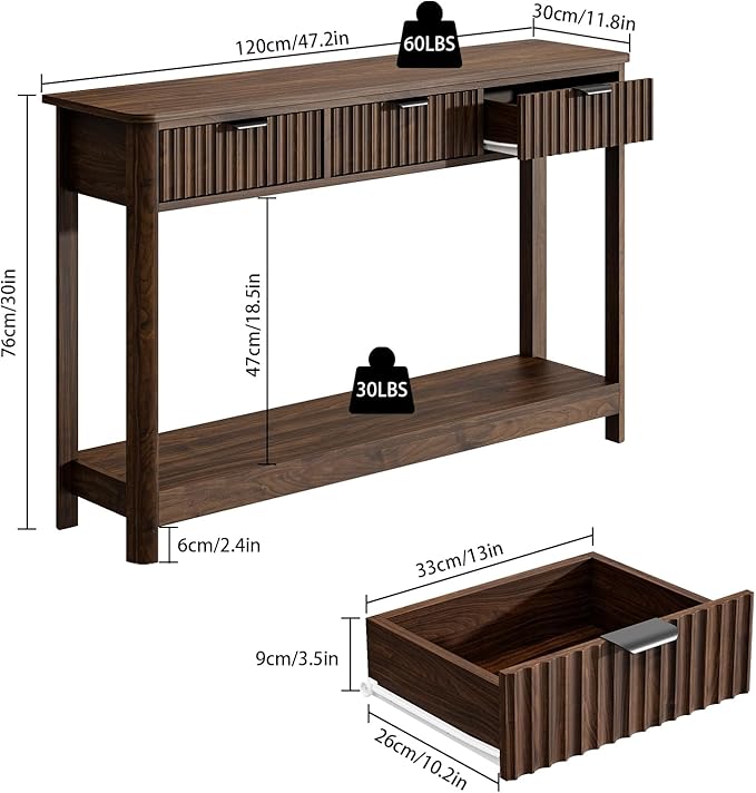 RUSTOWN Fluted Wood Console Table with 3 Drawers, Boho Narrow Behind Couch Entryway Table with Open Storage Shelf, Modern Sofa Table for Living Room, Foyer and Hallway (Dark Walnut)
