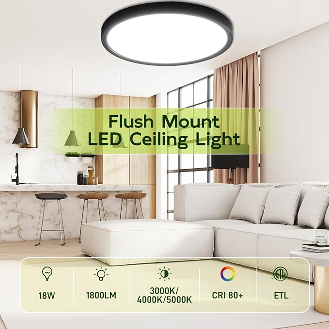 hykolity 9 Inch Selectable CCT LED Round Flat Panel Light, 18W 1800LM 3000K/4000K/5000K, Edge-Lit Flush Mount Ceiling Light Fixture for Kitchen, Bedroom, Laundry and Closet Room, Black