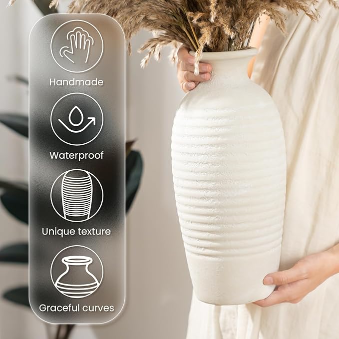 Rustic Ceramic Threaded White Vase, 14.4" H Tall Vases for Centerpieces,Handmade Large Decorative Vase for Living Room Decor,Vintage Farmhouse Pottery Flower Vase for Entryway Fireplace|Off-White