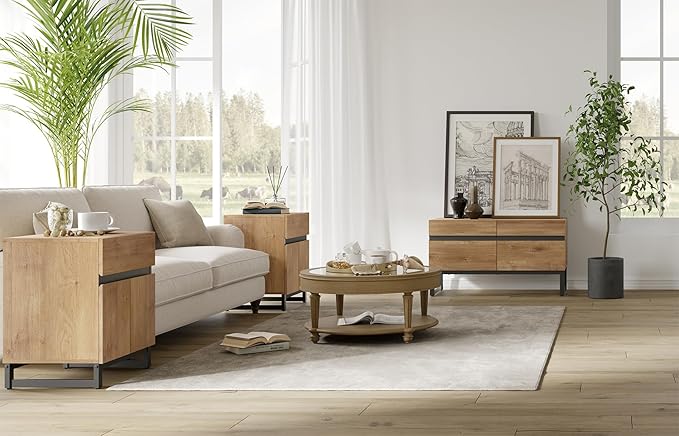 WAMPAT TV Stand and End Table Set of 3, Living Room Table Sets, 35 Inch TV Stand and 2 End Table Set with Drawers for Living Room, Entertainment Center, Console TV Table, Oak