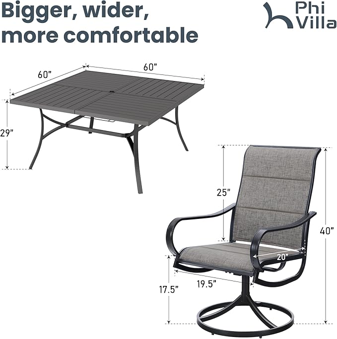 PHI VILLA 9 Pcs Patio Dining Set with Large Square Metal Dining Table & 8 Outdoor Padded Textilene Fabric Swivel Dining Chairs, Outside Table Chair Furniture Dining Set for 8 Person