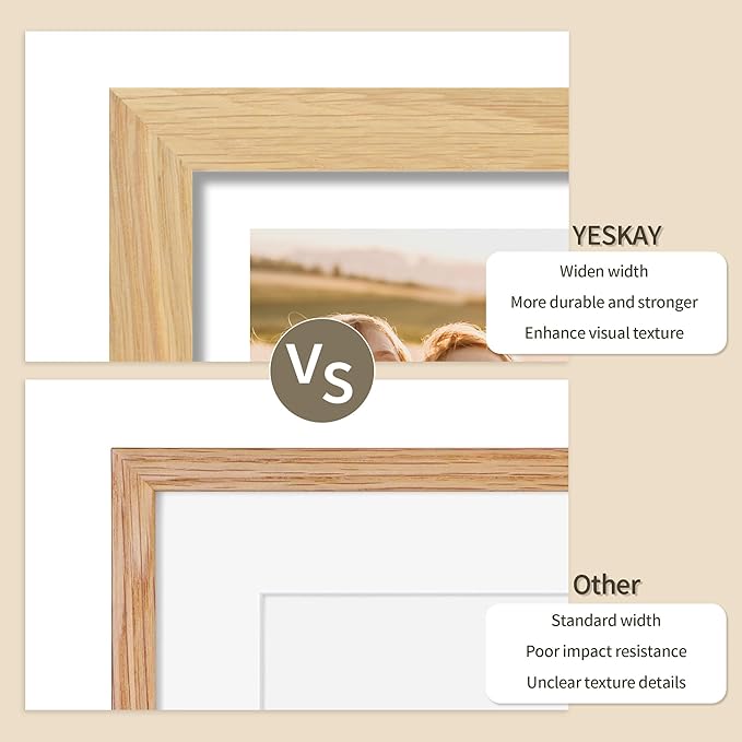 Solid Oak Wood Frame - 11x14 Natural Wooden Picture Frames with Real Tempered Glass,5 Opening 4x6 with Mat or 11x14 Without Mat for Wall Decor Art Photo(Color Natural)