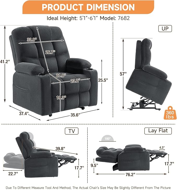 Triple Motor Large-Wide Power Lift Recliner Chair with Power Headrest for Big and Tall Elderly, Infinite Position, Massage Heat, Extend Footrest, USB, Cup Holder, Plush Flannel, Dark Grey