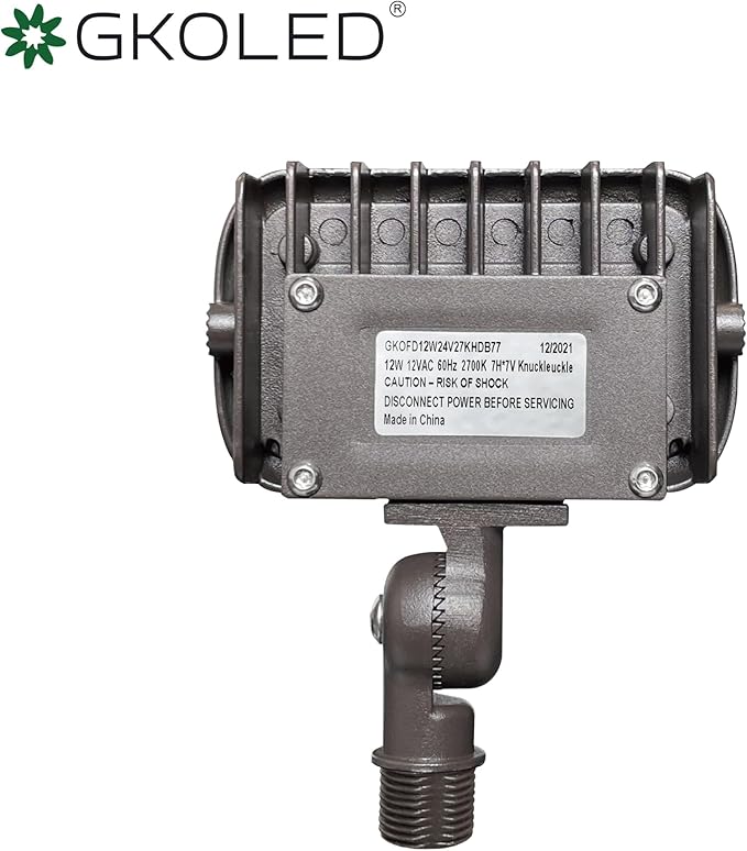 GKOLED 12W Outdoor Waterproof LED Garden Security Floodlight, 900Lumens, 80CRI, 2700K, 9-15V AC/DC, 1/2 Knuckle Mount, UV Resistant