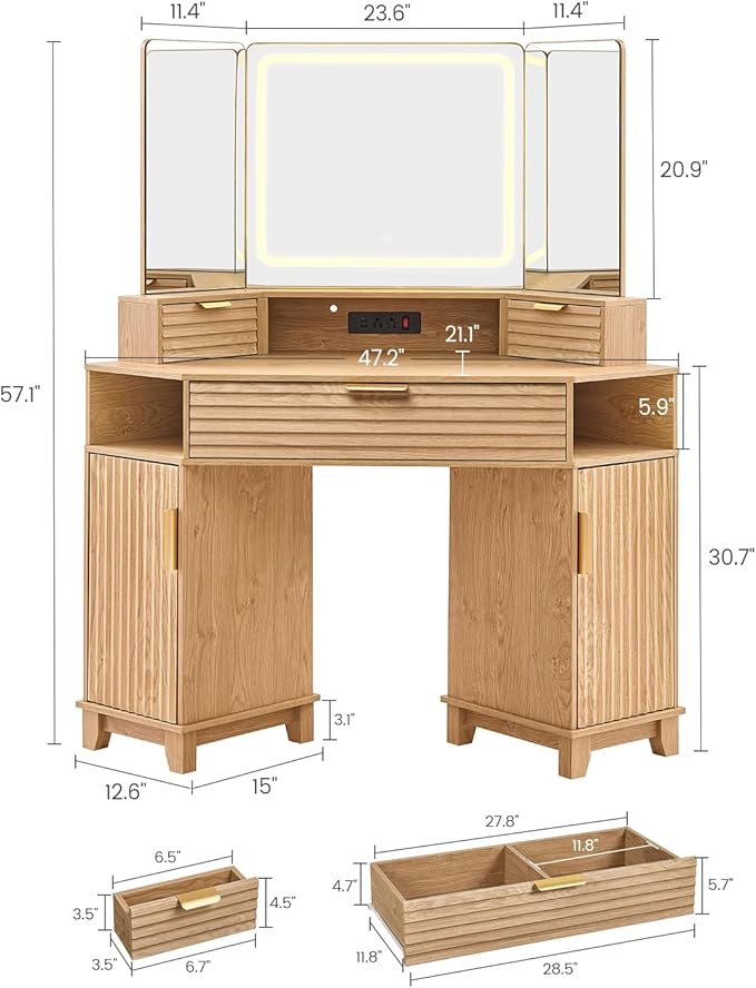 AOGLLATI Large Fluted Corner Vanity Desk with HD Triple Mirror and Lights, Makeup Vanity Desk with 3 Drawers & 3 Cabinets, Modern Dressing Table with Charging Station for Bedroom, Wood