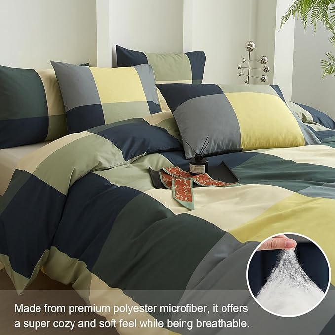 mixinni Queen Comforter Set Men Boys Geometric Checkered Plaid Pattern Bedding Comforter for All Season Soft Lightweight Bedding Set-(Queen Size, Green,Yellow,Khaki)