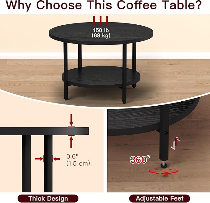 Coffee Table, 2 Tier Coffee Tables for Living Room, Round Coffee Table with Storage, Floor Table for Bedroom, Home Office, Black (27.6" D x 17.7" H)