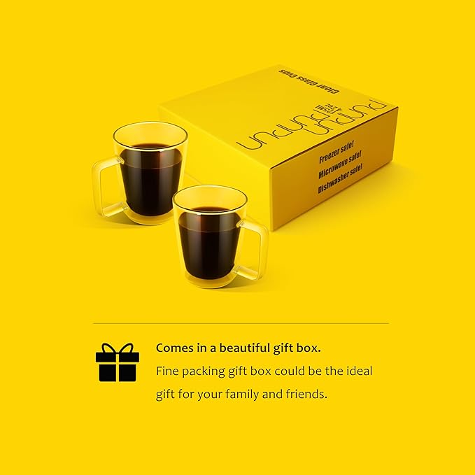 PunPun 16oz.480ml Clear Glass Mugs Large Coffee Mugs, Jumbo Insulated Double Wall Glasses, Premium Glasses Set with Big Handle, Iced Coffee Cup Set of 2