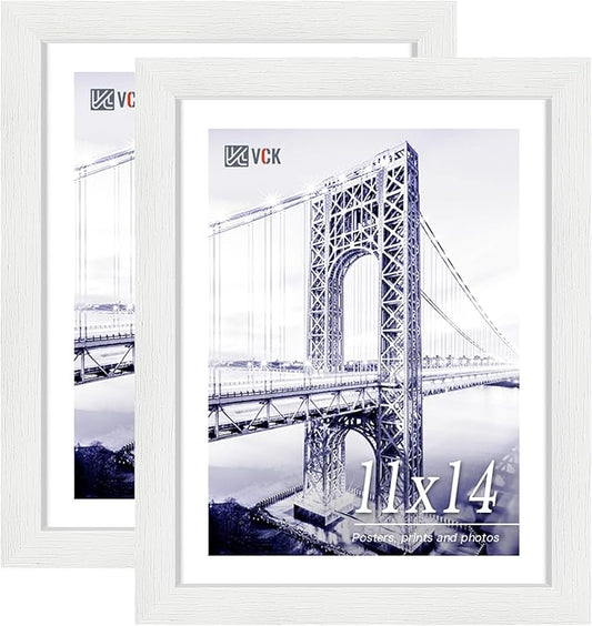 VCK 11x14 Picture Frame, White Wood 14 x 11 Diploma Document Frames, Home or Gallery Wall Hanging, 2 Pack