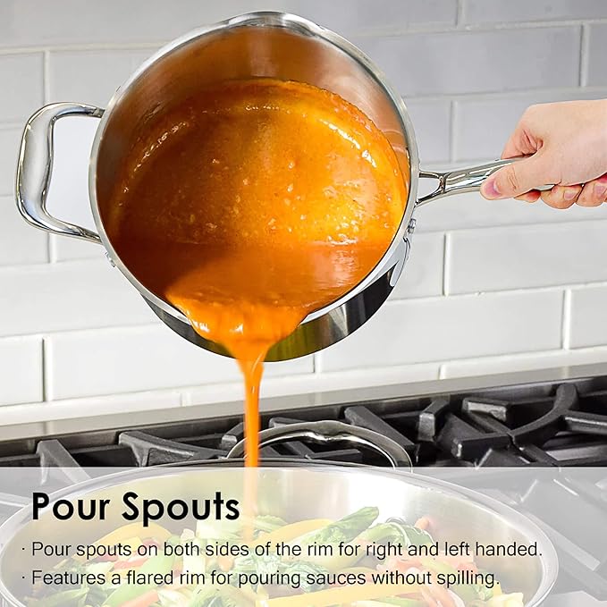 Rorence Stainless Steel Saucepan Sauce Pan with Pour Spout & Glass Lid with Strainer - 3.7 Quart