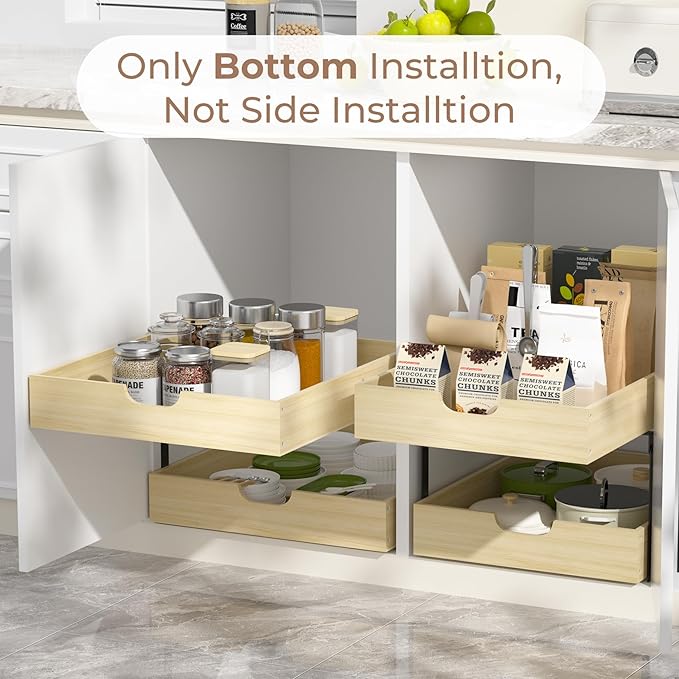 COOLBEBE Pull Out Cabinet Organizer, 2 Tier Soft Close Pull Out Drawers for Cabinets, 20" W x 21" D Wood Cabinet Drawers Slide out, Pull Out Shelves in Kitchen, Pantry, Bathroom