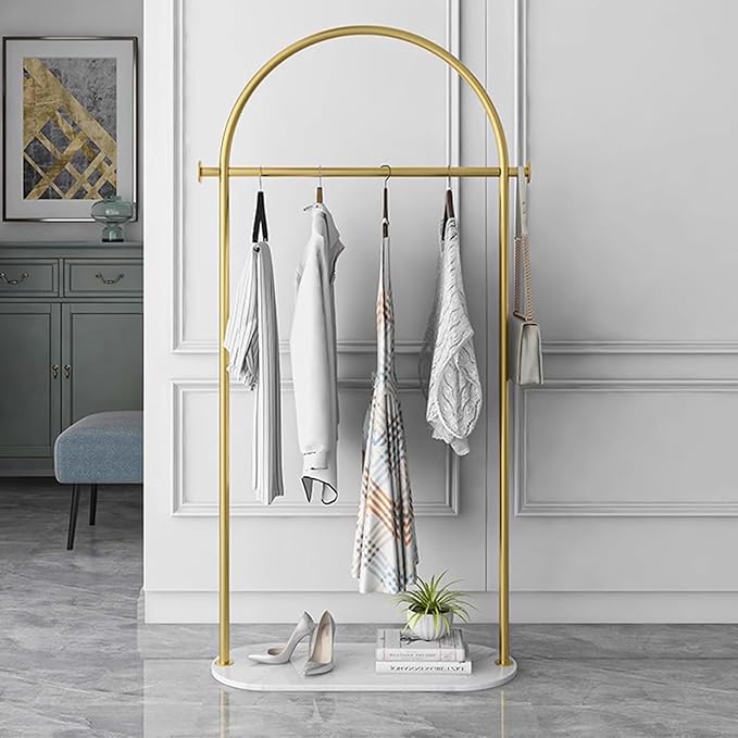 Gold clothing rack with Marble base. metal clothes racks for hanging clothes,heavy duty garment rack,Freestanding Coat Rack with 2 Hooks,for Bedroom, Bathroom, Living Room easy to assemble